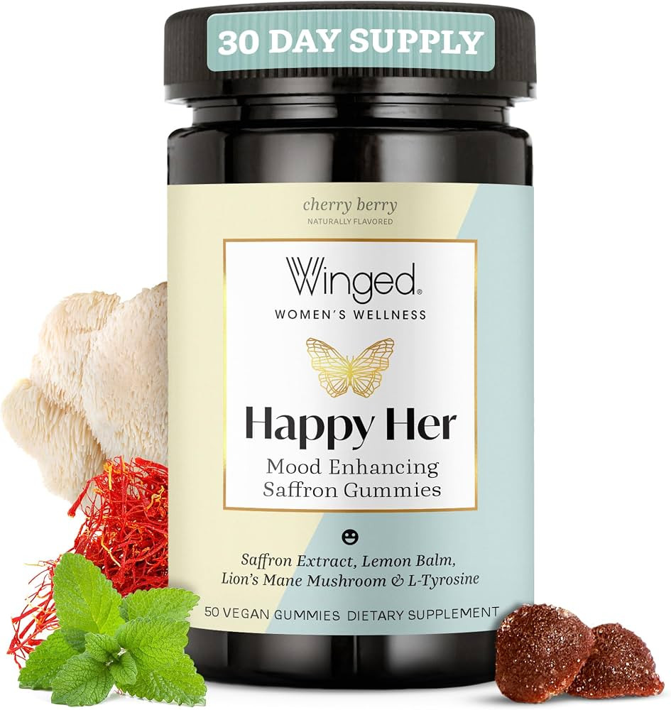 Winged Wellness Happy Her Mood Gummies - Daily Mood Enhancer Support Supplement for Women - Saffr... | Amazon (US)