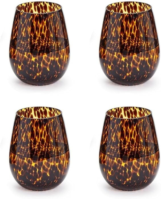 Two's Company Set of 4 Tortoise Print Stemless Wine Glass (16 oz., hand wash only) - Glass | Amazon (US)
