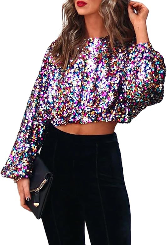 Women Sequin Top, Balloon Long Sleeve Glitter Party Top Disco Sparkle Crop Top Sequin Blouse for ... | Amazon (US)