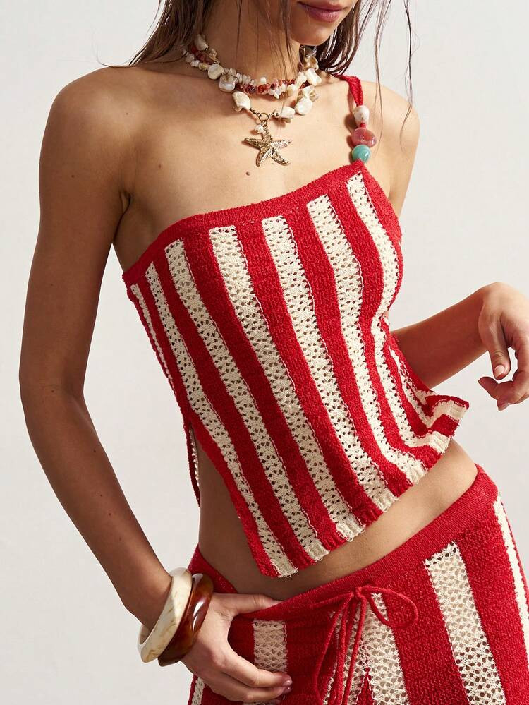 SHEIN BohoFeels Boho Spring/Summer , Vintage Women's Vacation Casual Asymmetric Hem Red Striped O... | SHEIN