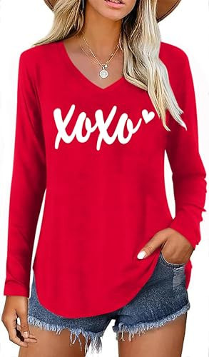 Valentines Day Shirt Womens Love Heart Graphic Shirts V-Neck Romantic Long Sleeve Casual Blouse Tee Top | Amazon (US)