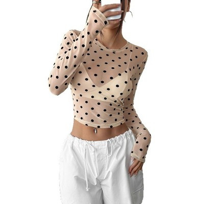 Coolmee Women's Trendy Crew Neck Polka Dot Sheer Mesh Blouse Slim Fit Long Sleeve See Through Crop Shirt Clubwear White XXL | Target