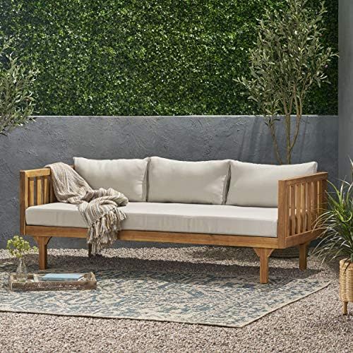 Christopher Knight Home Tina Outdoor 3 Seater Acacia Wood Daybed, Teak Finish, Beige | Amazon (US)