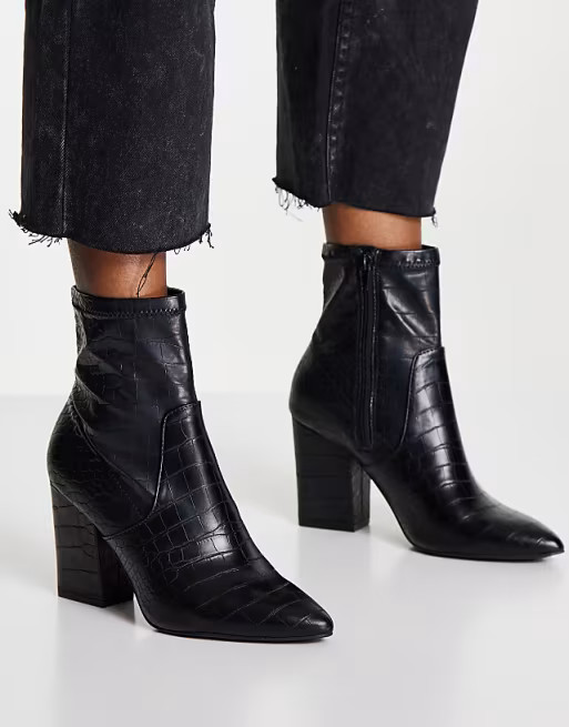 Call It Spring liivi block heel pointed ankle boots in black croc | ASOS (Global)