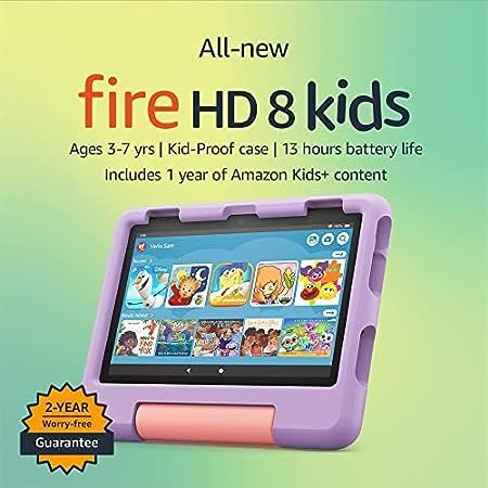 All-new Fire HD 8 Kids tablet, 8" HD display, ages 3-7, includes 2-year worry-free guarantee, Kid... | Amazon (US)