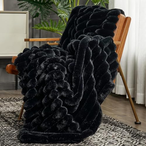Cozy Bliss Faux Fur Throw Blanket for Couch, Cozy Warm Plush Striped Blanket for Sofa Bedroom Living Room, 50 * 60 Inches Black | Amazon (US)