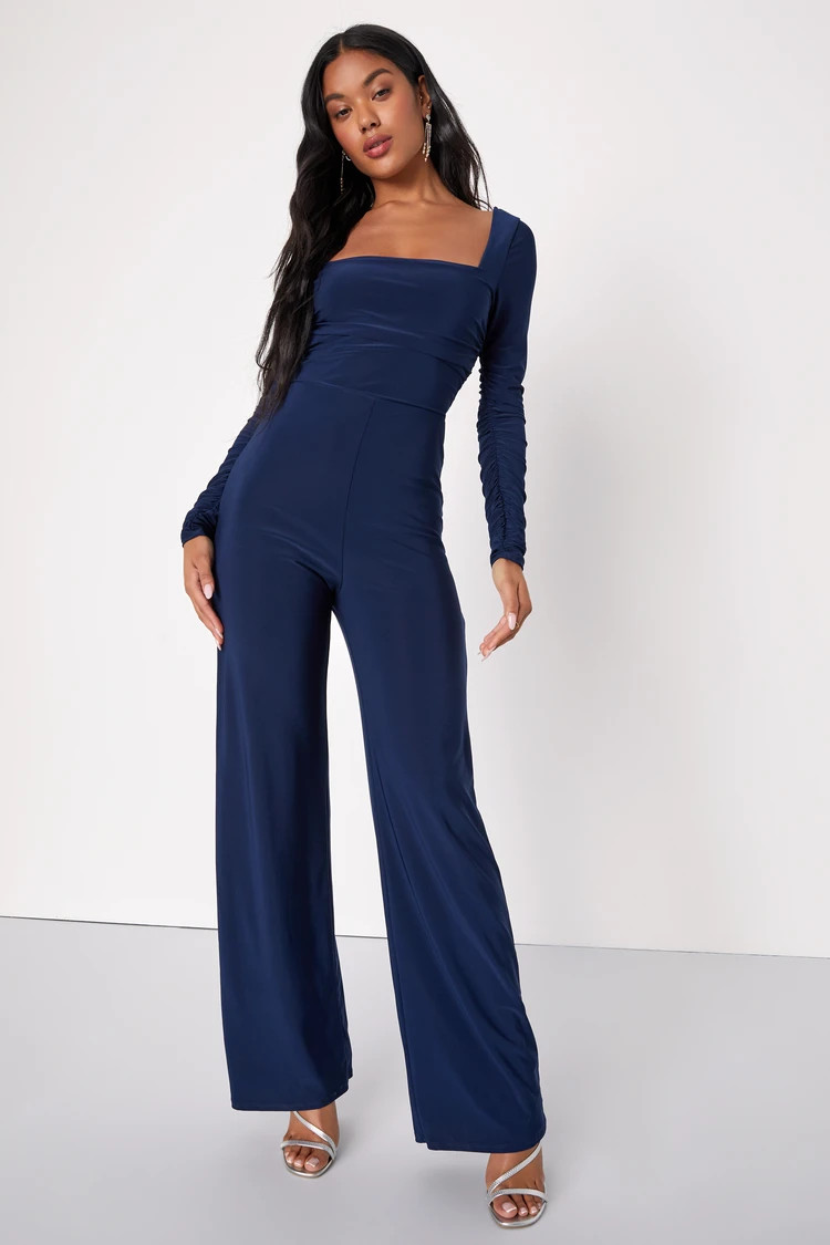 Contemporary Allure Navy Blue Ruched Long Sleeve Jumpsuit | Lulus (US)
