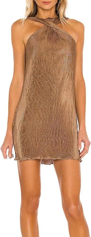 NUFIWI Women Pleated Mini Tank Dress Bodycon Sexy Sleeveless Ruched Short Dress Halter Neck Twist Fr | Amazon (US)