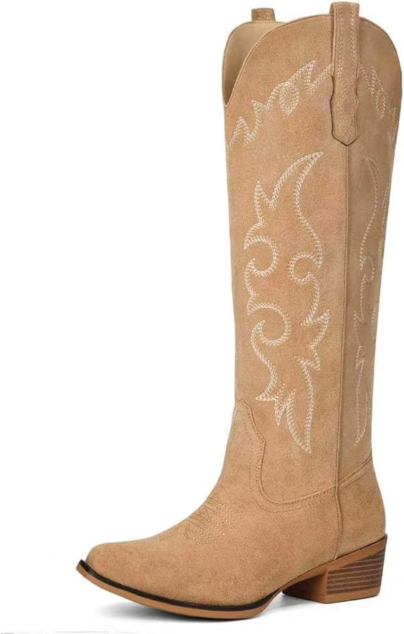 Suede Cowboy Boots for Women Knee High Western Cowgirl Boots Pointed Toe Low Heel Classic Embroid... | Amazon (US)