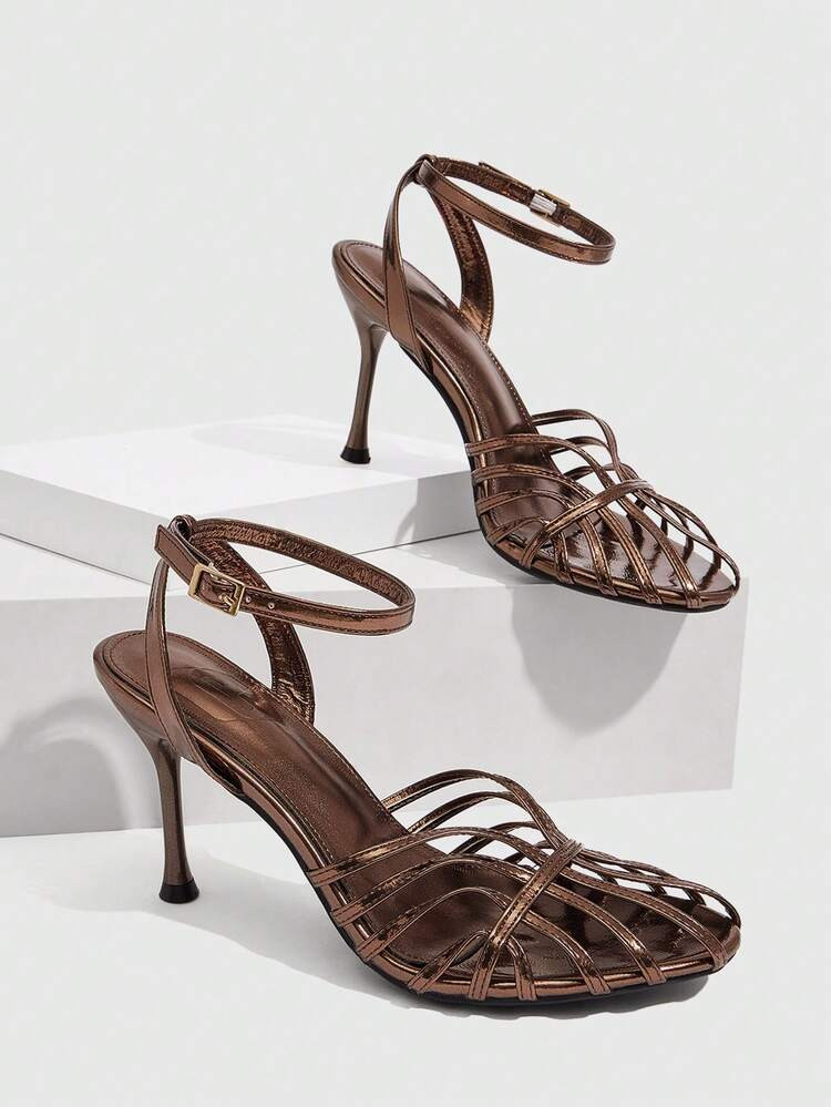 CUCCOO SZL Women Shoes Summer Weave Multi-Ribbon Skinny Heels Sexy Open-Toed Sandals Dinner Party... | SHEIN
