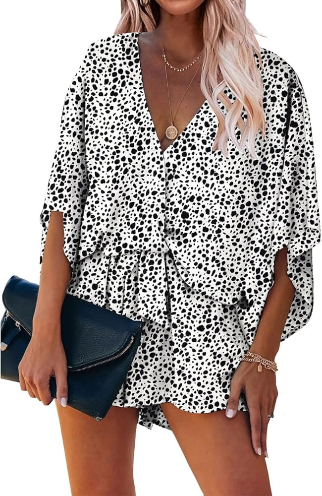 PRETTYGARDEN Women's Leopard Print Shorts Jumpsuit Wrap V Neck 3/4 Sleeve Casual Loose Oversized ... | Amazon (US)