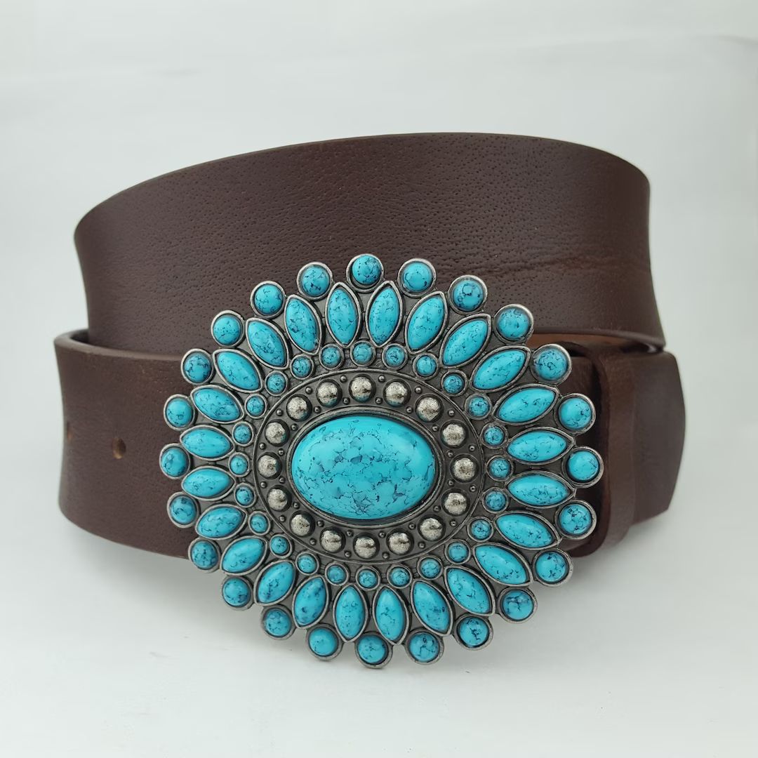 Western Turquoise Buckle With Genuine Leather Belt - Etsy | Etsy (US)