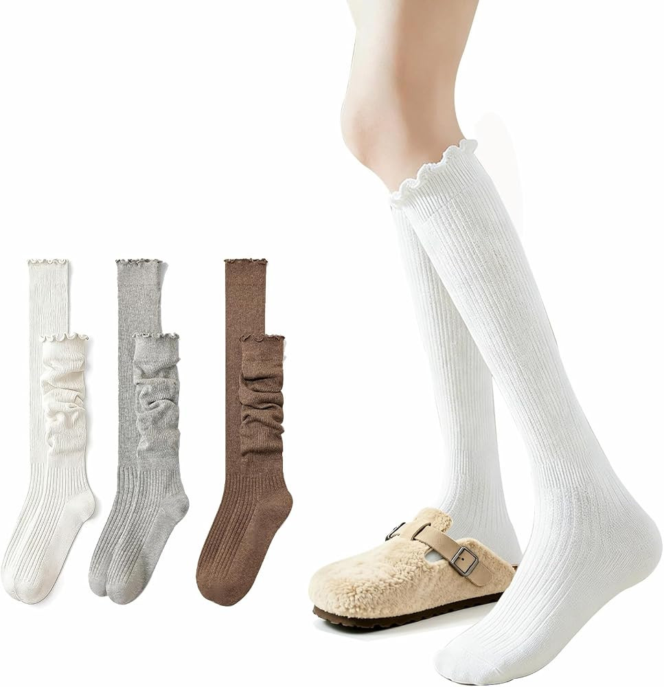 Moonlik Women Ruffle Knee High Boot Socks, Turn Cuff Knit, Breathable Cute Frilly Lettuce Dress S... | Amazon (US)