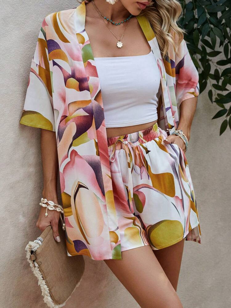 SHEIN VCAY Allover Print Shorts & Kimono Without Cami Top | SHEIN