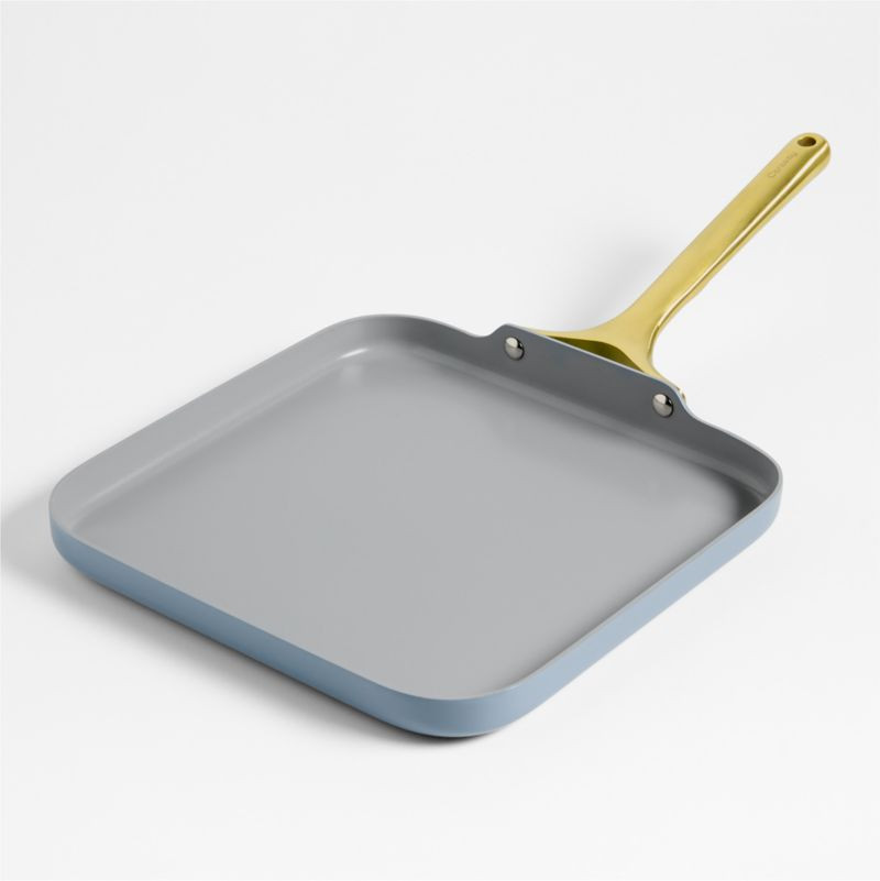 Caraway Blue Lagoon Ceramic Non-Stick Square Griddle with Gold Hardware | Crate & Barrel | Crate & Barrel