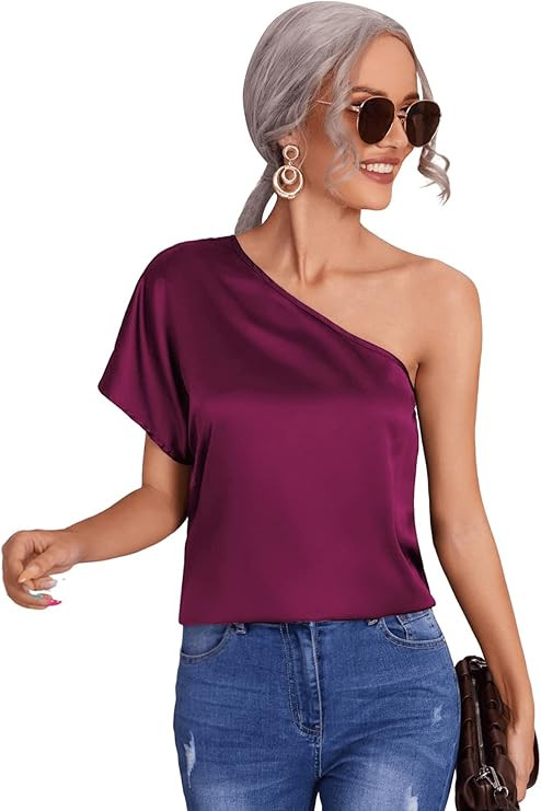 Milumia Women Satin One Shoulder Elegant Silk Casual Batwing Sleeves Blouses Tops | Amazon (US)