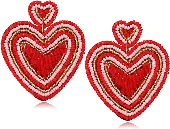 Heart Earrings for Women Hypoallergenic Beaded Statement Dangle Earrings Boho Handmade Red Love H... | Amazon (US)