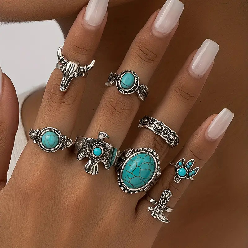 8pcs Western Style Stacking Rings Inlaid Turquoise Trendy Cowboy Boots Bull Head Design Match Dai... | Temu Affiliate Program