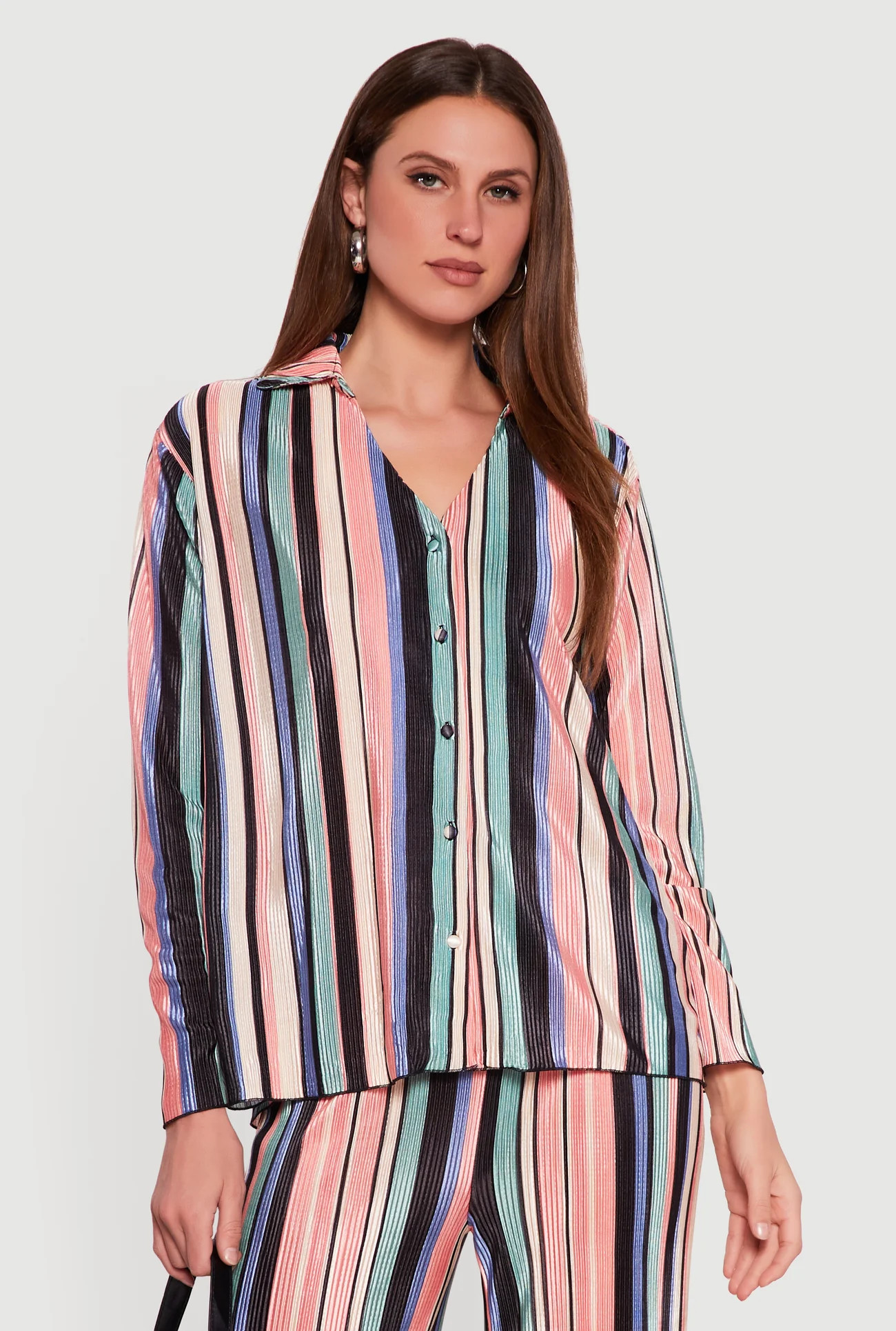 Collared Long Sleeve Striped Plisse Blouse | Rainbow Shops