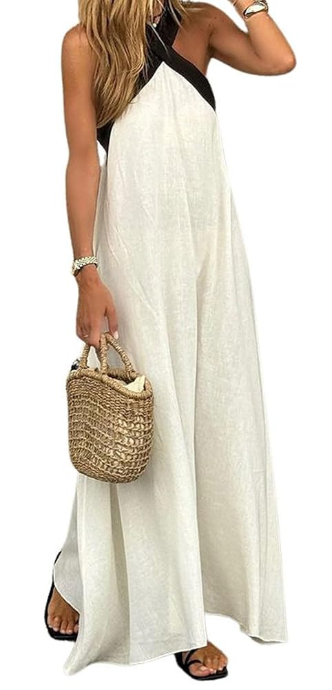 CHARTOU Women Summer Vacation Halter Neck Crossover Contrast Trim Cotton Linen Flowy Long Dress | Amazon (US)