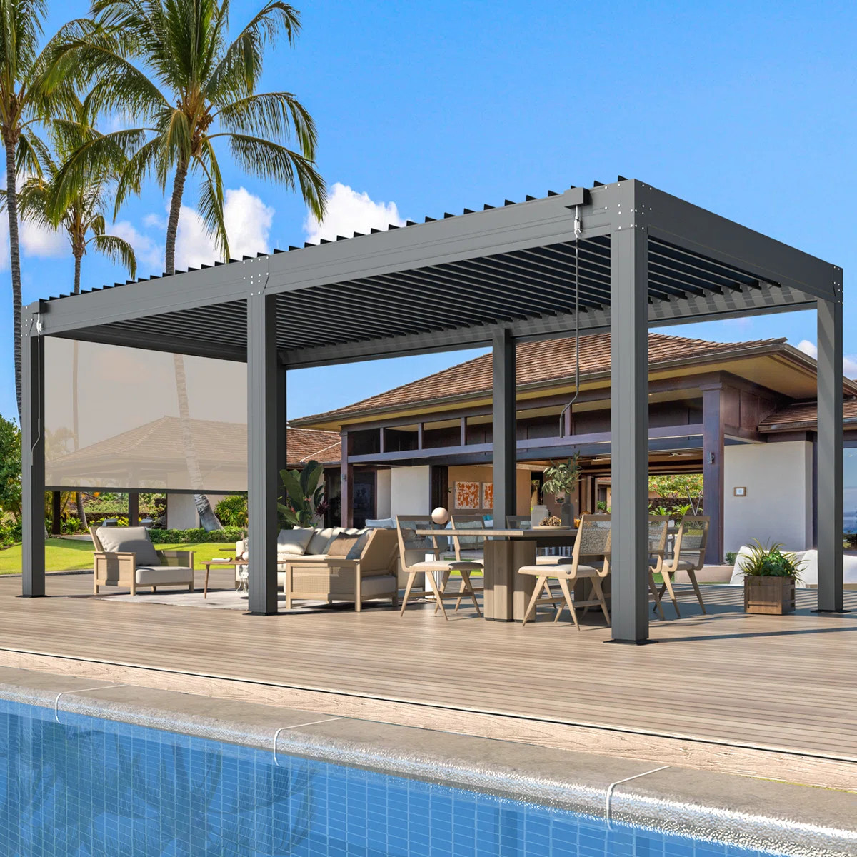 20 x 12 Ft Louvered Pergola with Pull-Down Screens, Aluminum Outdoor Gazebo with Adjustable Water... | Wayfair North America