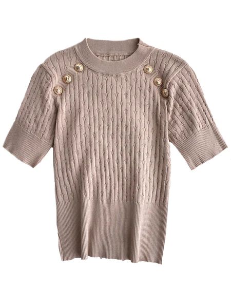 'Teresa' Crewneck Buttons Short Sleeves Cable Knit Top (5 Colors) | Goodnight Macaroon
