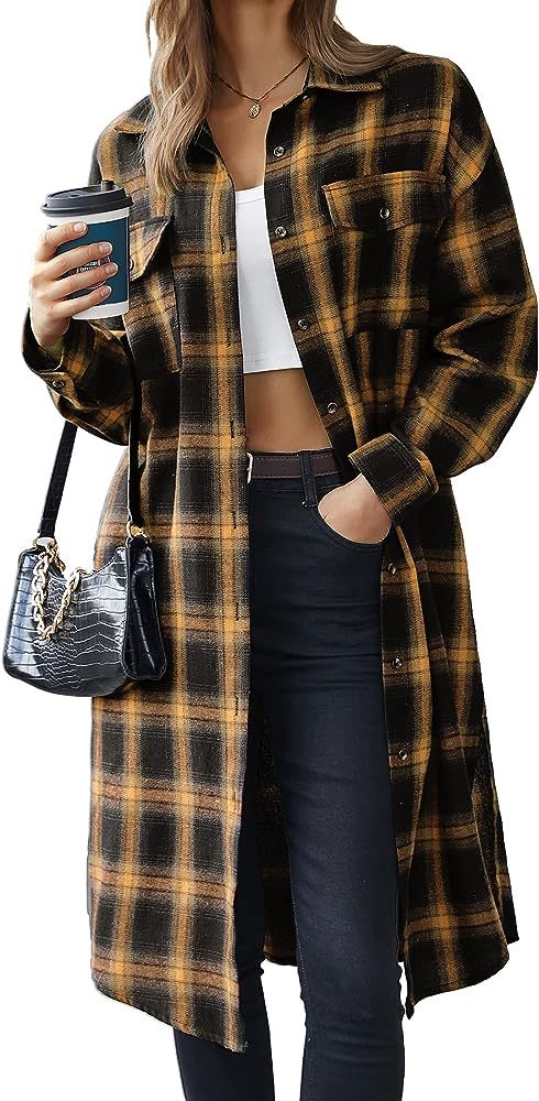 Long Flannel Shirts for Women Shoulder Drop Plaid Coat Oversized Button Down Shacket Jackets with... | Amazon (US)