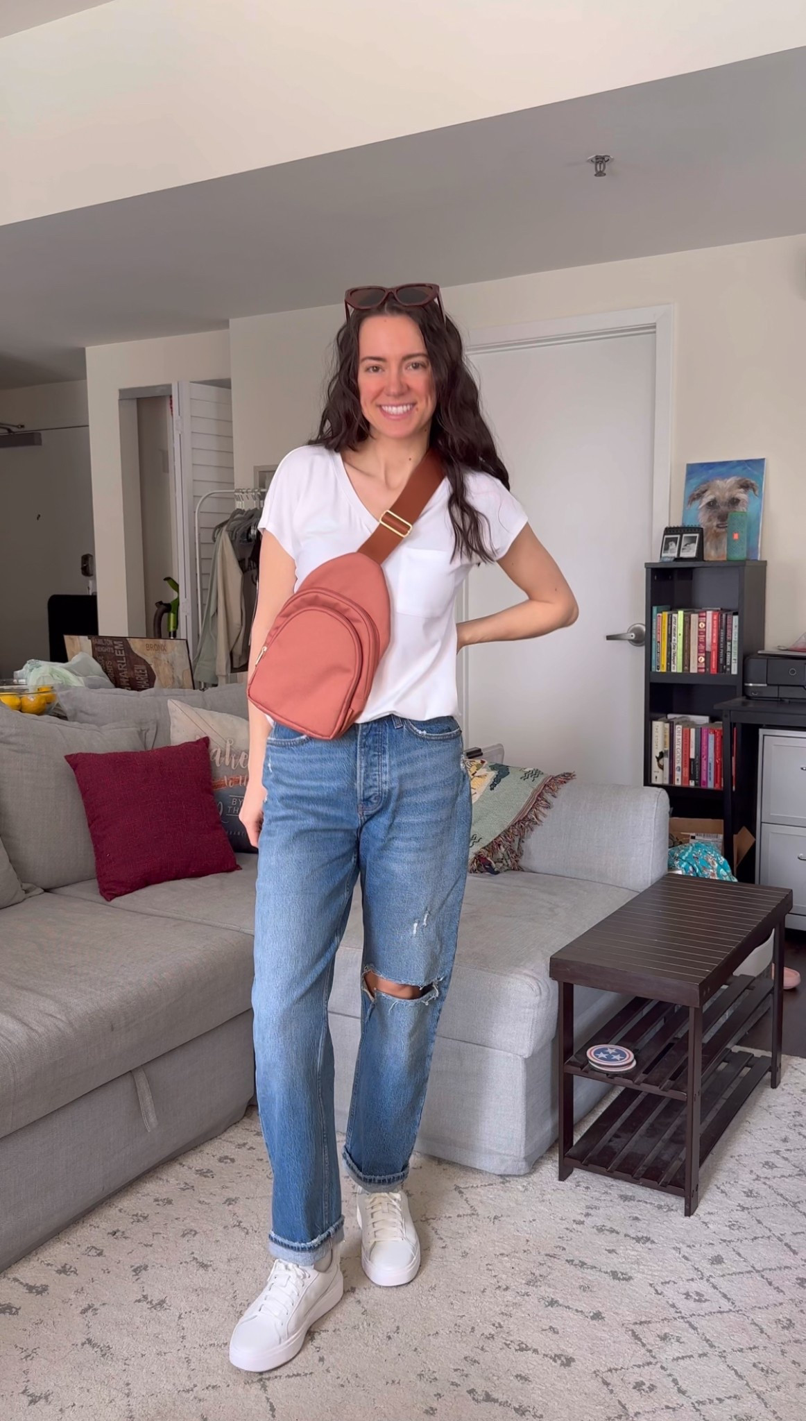 matcha run outfit, casual errands outfit, relaxed white tee look, distressed denim jeans outfit, petite street style, crossbody belt bag outfit, comfy sneaker outfit, everyday casual fashion, white v-neck tee style, casual outfit for petites, coffee shop outfit idea, weekend casual look, casual athleisure vibe, ripped jeans and sneakers outfit, laid-back errands outfit, neutral casual outfit, petite fashion inspiration, easy weekend outfit, simple chic style, casual outfit for grabbing coffee

#LTKFindsUnder50 #LTKPetite #LTKStyleTip