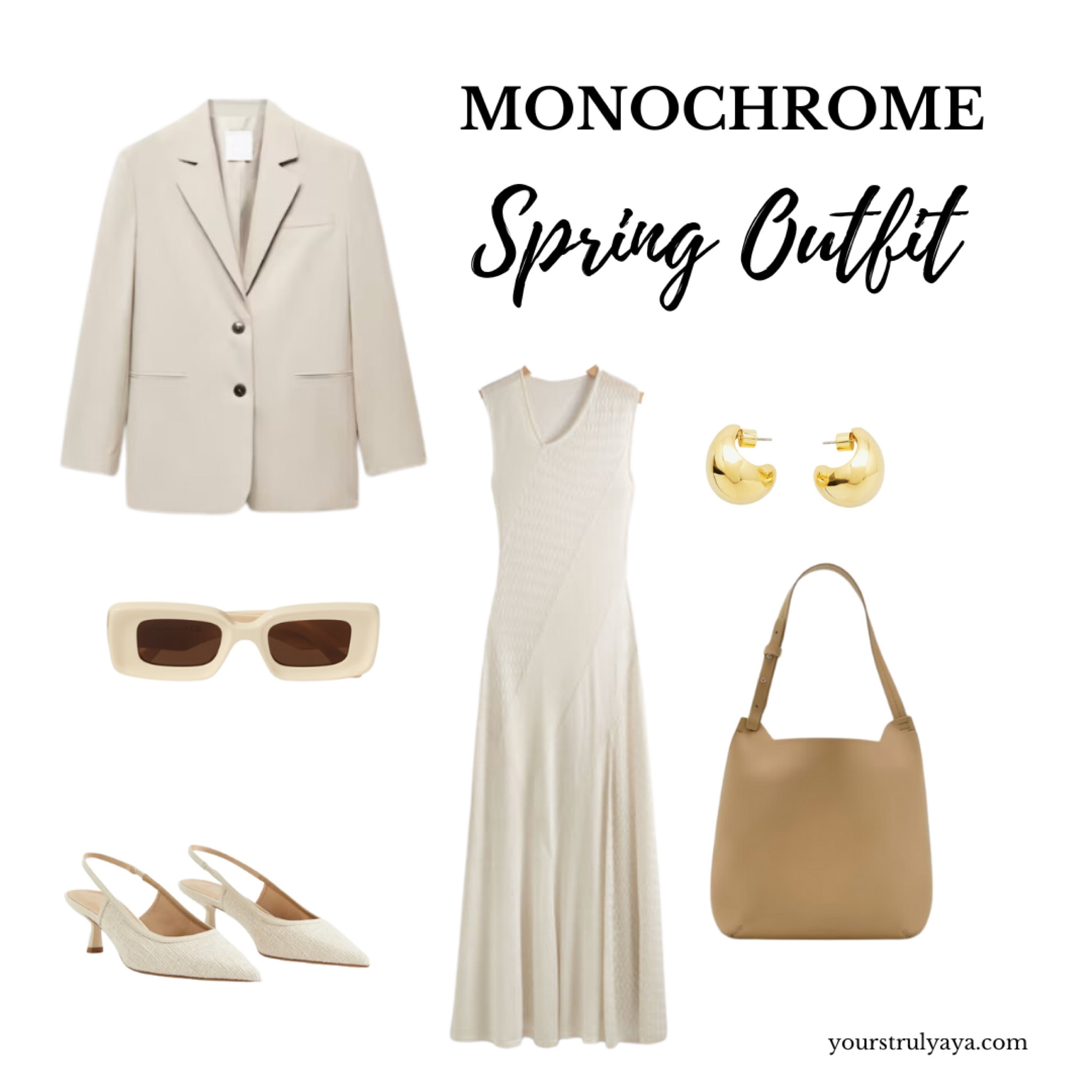 Monochrome Spring Outfit of the Day in neutral tones. Midi dress, beige blazer, sling back kitten heels, cross body bag, sunglasses, and earrings 

#LTKU #LTKSeasonal #LTKstyletip