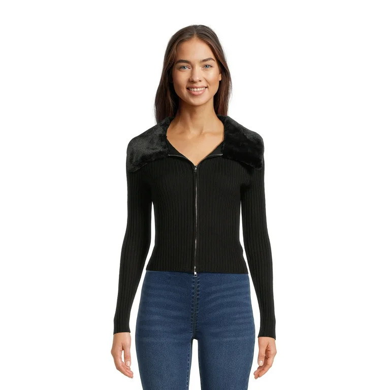 No Boundaries Juniors Cardigan with Faux Fur Trim Collar, Sizes XS-3XL - Walmart.com | Walmart (US)