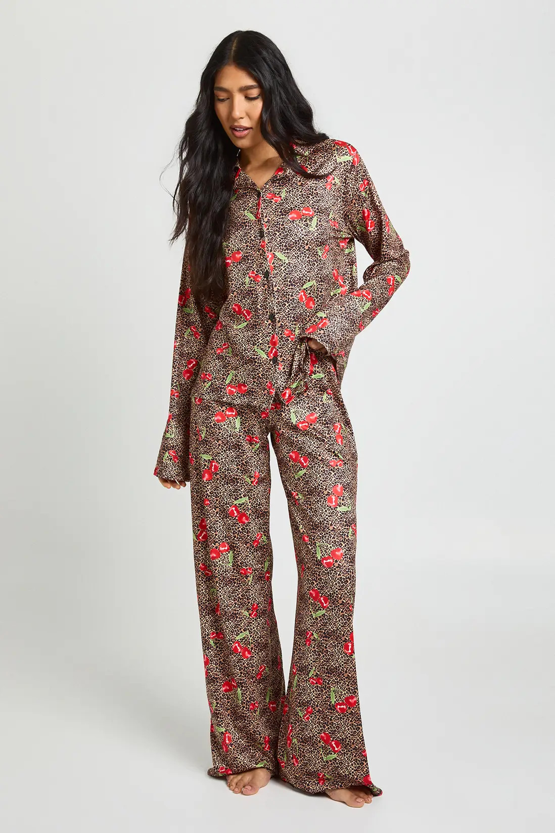 Tall Cherries & Leopard Print Long Sleeve Shirt & Trouser Pyjama Set | boohoo (US & Canada)