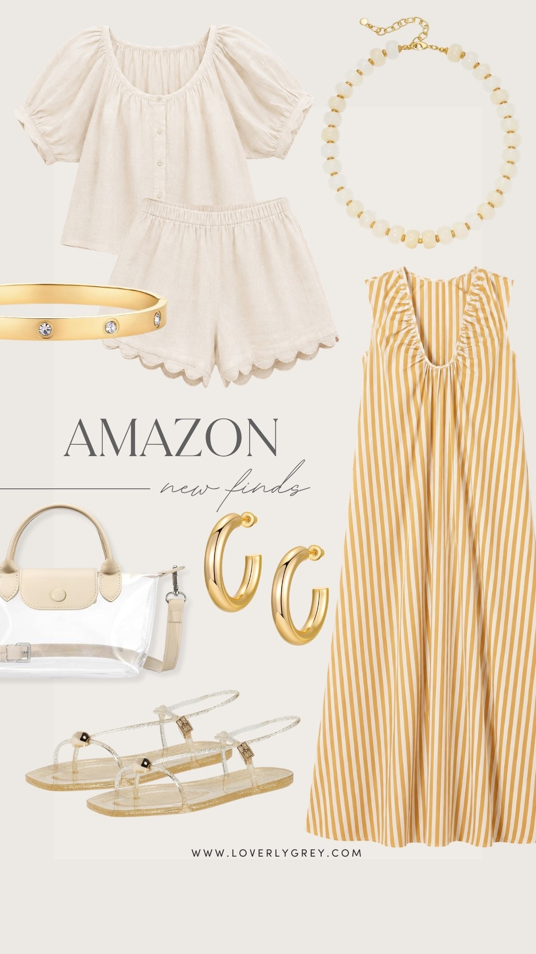 Amazon fashion finds featuring an ivory matching set, striped maxi dress, gold jewelry, clear handbag and strappy sandals. Cute neutral pieces for late summer outfits, vacation looks and transitioning into fall!

#LTKootd #LTKSeasonal