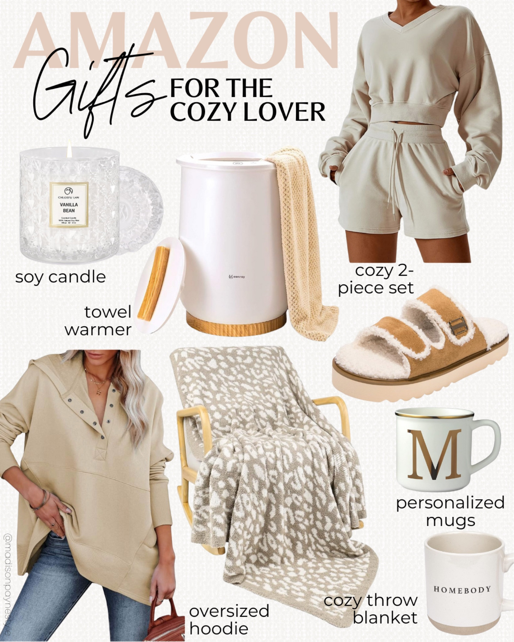 AMAZON GIFT GUIDE 🎁 for the cozy lover! A cozy 2-piece set, candle, towel warmer, slippers, oversized hoodie, cozy throw blanket, and personalized mugs would all make great homebody gifts✨

Gift Guide, Gift Ideas, Amazon Gifts, Cozy Lover, Cozy Gifts, Madison Payne

#LTKSeasonal #LTKHoliday #LTKGiftGuide