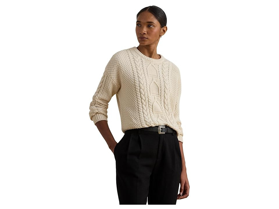 Lauren Ralph Lauren Cable-Knit Cotton Crew Neck Sweater Women's Sweater Mascarpone Cream : LG | Zappos