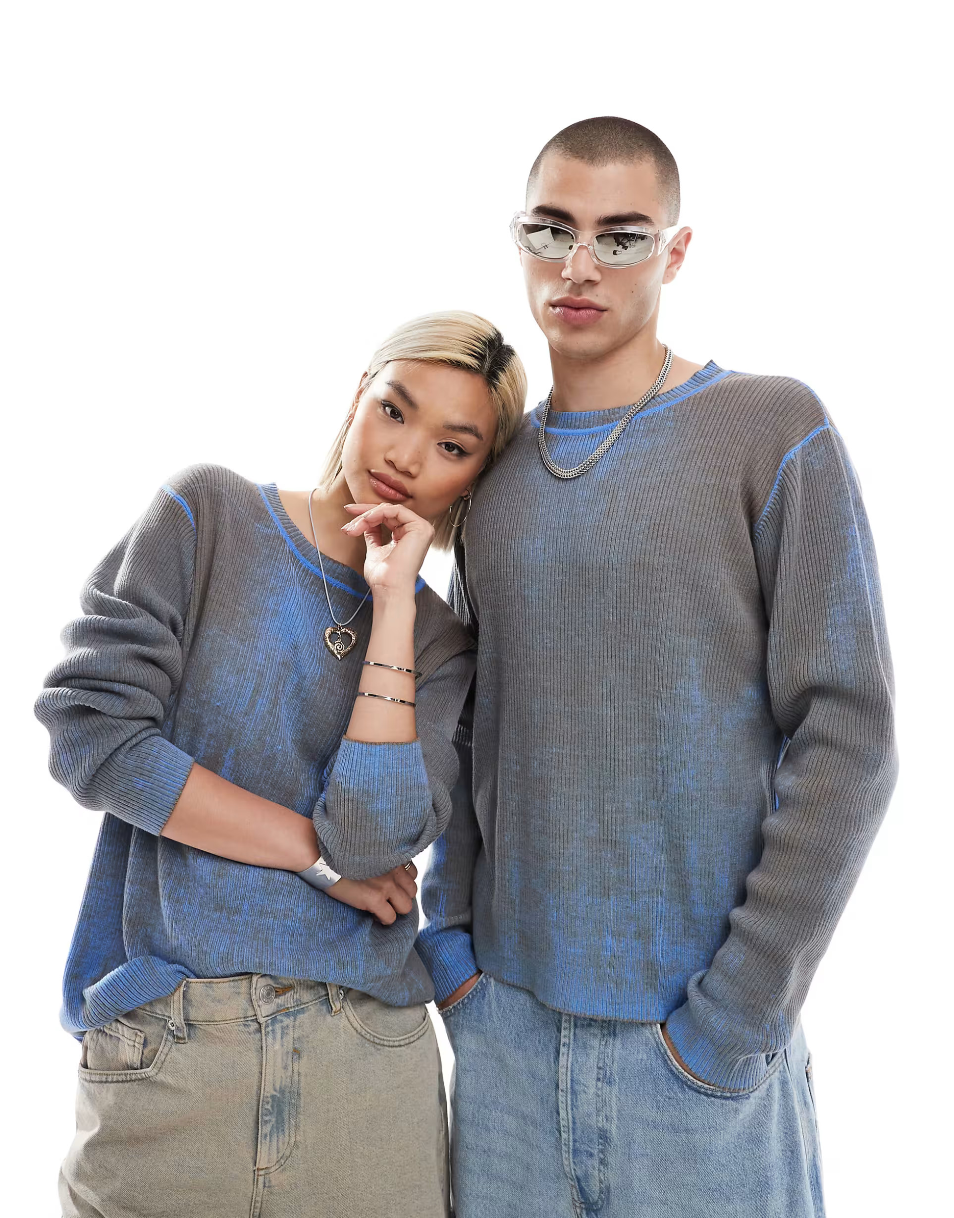 COLLUSION Unisex distressed knitted crew neck sweater in gray & blue | ASOS (Global)