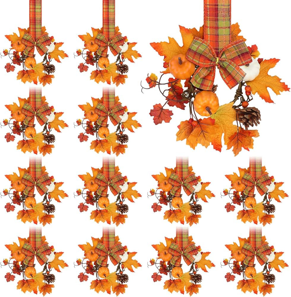 12 Pcs Fall Kitchen Cabinet Wreaths with Ribbon 10 Inch Mini Thanksgiving Wreath Farmhouse Wreath... | Amazon (US)