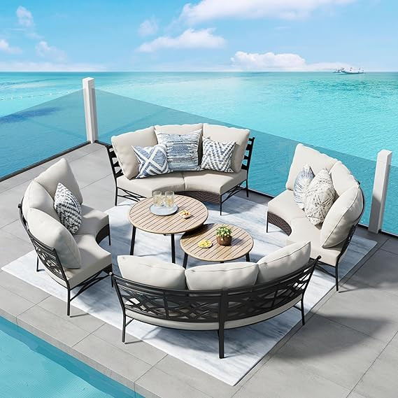 PHI VILLA Outdoor Patio Furniture Set 10 Piece, Round Sectional Curved Outdoor Sofa for 8 Persons... | Amazon (US)