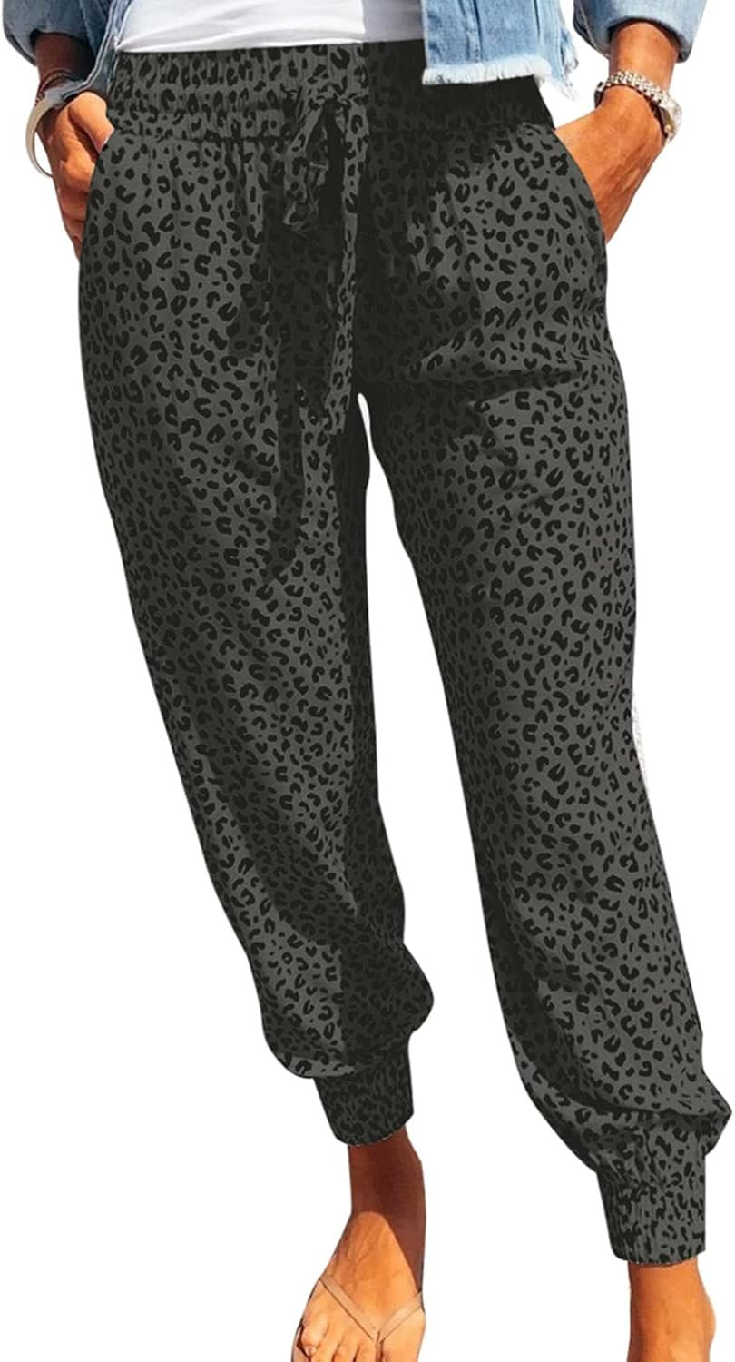 ROSKIKI Womens Leopard Drawstring Elastic Waist Sports Lounge Pants with Pockets | Amazon (US)