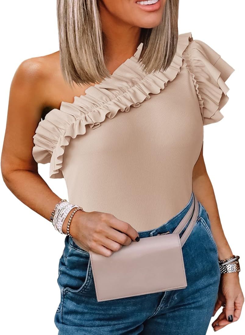 Womens One Shoulder Shirts Ruffle Sleeve Slim Fit Knitted Ribbed Summer Tops | Amazon (US)