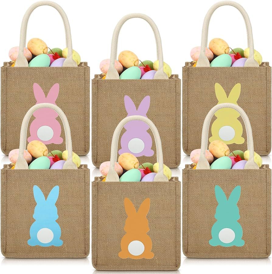 6 Pcs Easter Bunny Burlap Bag 7.9 x 7.9 x 4.3 Inch Reusable Bunny Gifts Bag Bunny Party Favors Ju... | Amazon (US)