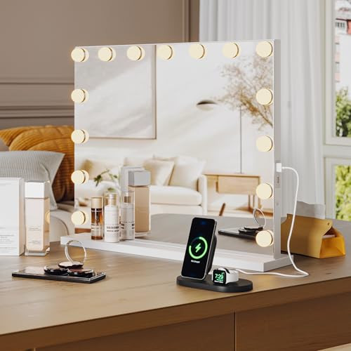 Vanity Mirror with Lights, Hollywood Lighted Vanity Mirror with 15 Dimmable LED Bulbs, 3 Color Modes, USB Charging Port, Light up Mirror with Touch Control for Bedroom, Tabletop, 23" x 18" | Amazon (US)