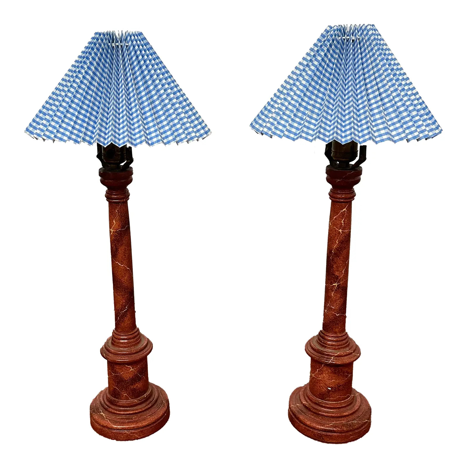 1950s Faux Marble Candlestick Lamps With Blue Gingham Shades - a Pair | Chairish