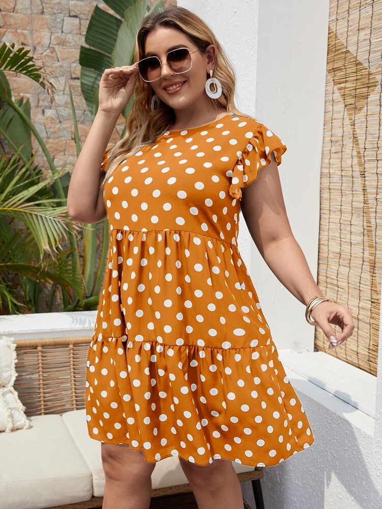 Plus Polka Dot Ruffle Trim Smock Dress | SHEIN