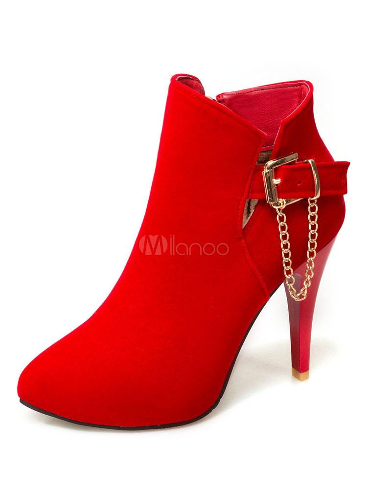 Red Ankle Boots Pointed Toe Stiletto Heel Suede Chains Women's Booties | Milanoo