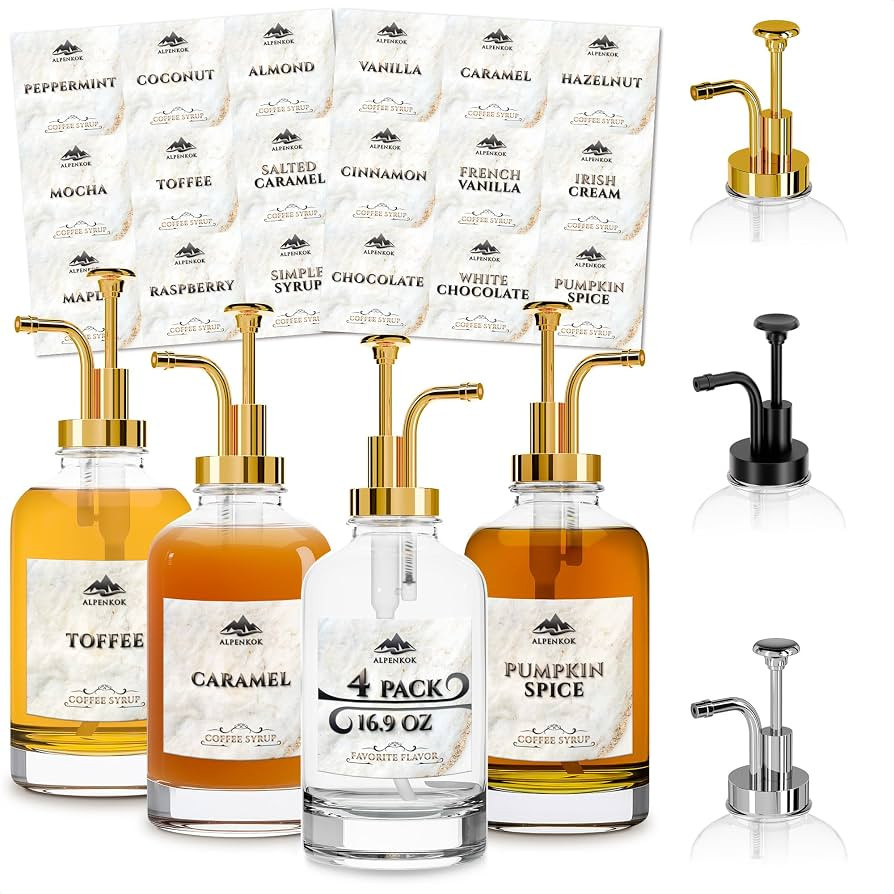 Set of 4 Coffee Syrup Bottles 16.9oz 500 ml – Coffee Syrup Glass Dispenser with 18 Marked Label... | Amazon (US)