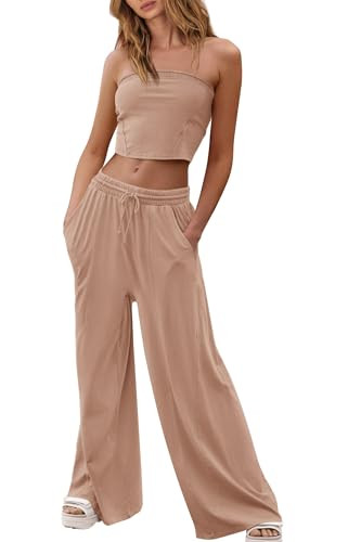 Yanekop Womens 2 Piece Lounge Set Tube Top and Pants Set Travel Sexy Two Piece Outfits Summer Beach Vacation Clothes(Khaki,L) | Amazon (US)