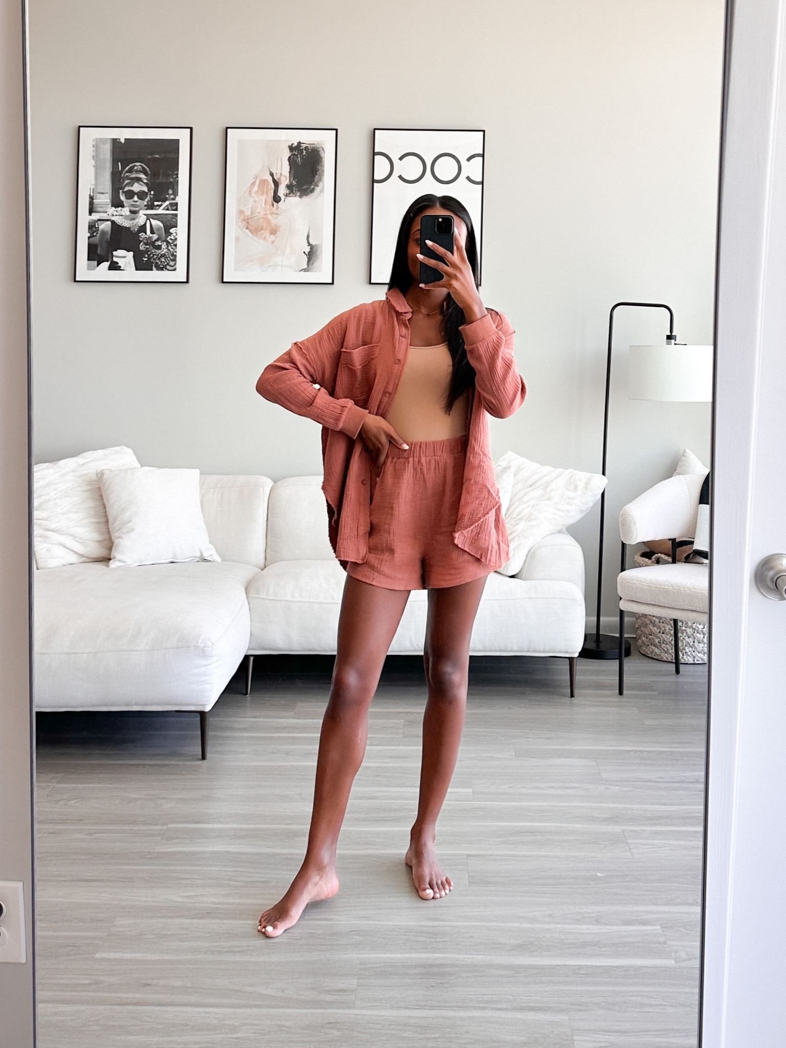 Lounge outfit, travel outfit, Brown Button Front Blouse, Brown Shorts, Ribbed Square Neck Tank Bodysuit, wearing a small in everything! code: BRENNA

#LTKSeasonal #LTKunder50 #LTKSale