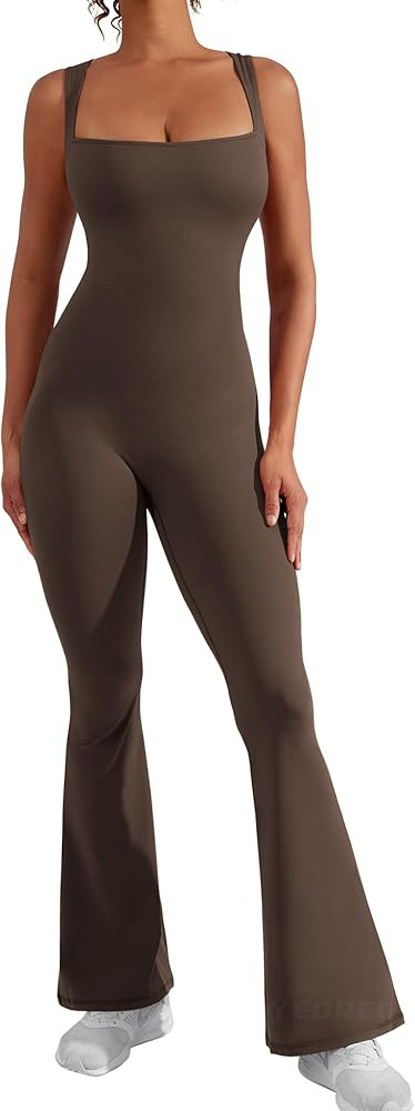 YEOREO Women Flare Jumpsuits Gym Sleeveless Square Neck Full Length One Piece Yoga Jumpsuit Coffe... | Amazon (US)