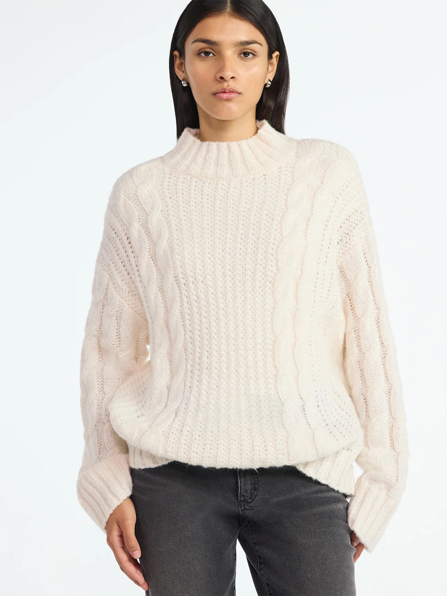 Scoop Women’s Oversized Cable Knit Sweater, Midweight, Size XS-XXL | Walmart (US)