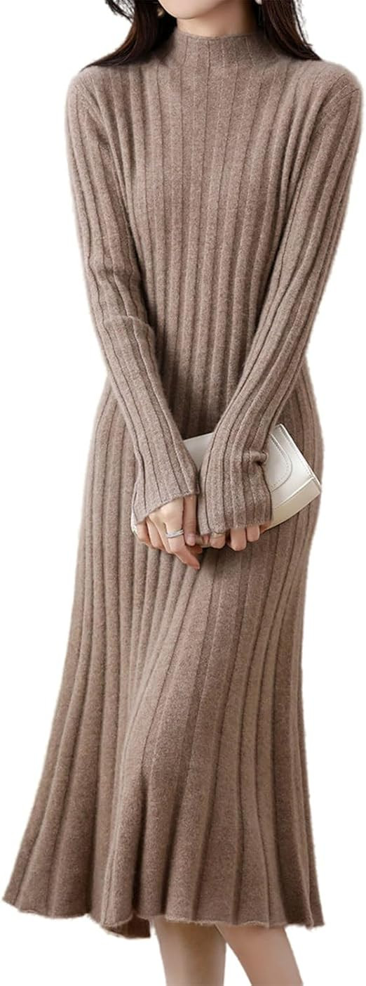 100% Wool Sweater Dress Women's Mock Neck Pit Strips Slim V-Neck Long Sleeve Pullover A-line Knit... | Amazon (US)